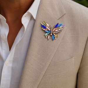 Men’s Blue Lyra Butterfly Lapel Pin, Vintage Style Brooch with Colorful Crystals